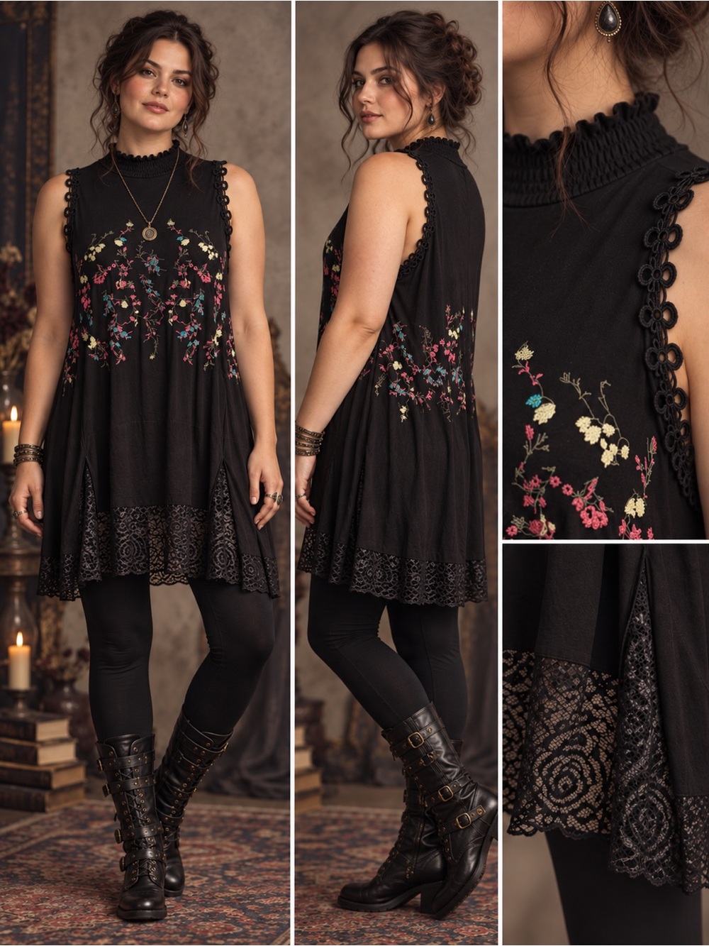 POL Black Floral Embroidered Lace Whimsigoth Tunic